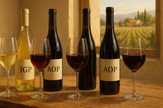 Comparison of IGP and AOP wines with bottles and characteristics in a sophisticated setting