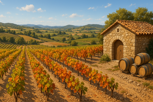 Scenic vineyard landscape of Southern Rhône Valley with hills, vineyard rows and a rustic wine cellar showcasing diverse wine terroirs