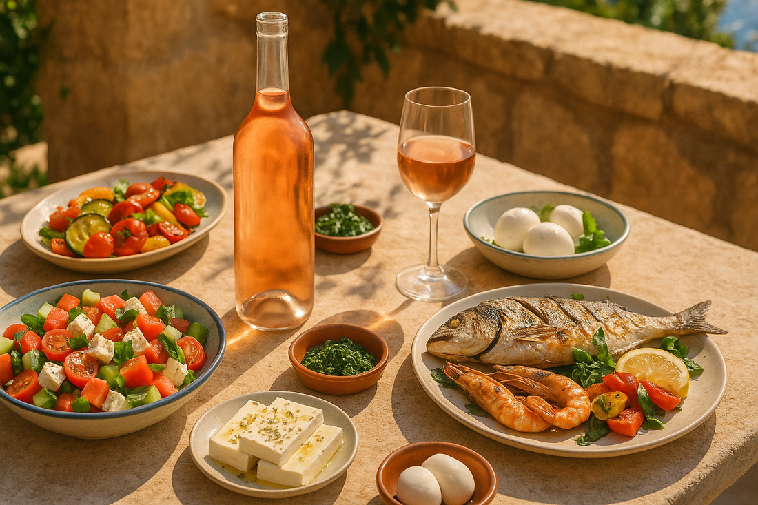 Mediterranean rosé wine with a fresh summer meal featuring salad, grilled fish, and herbs.