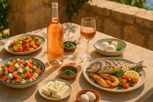 Mediterranean rosé wine with a fresh summer meal featuring salad, grilled fish, and herbs.
